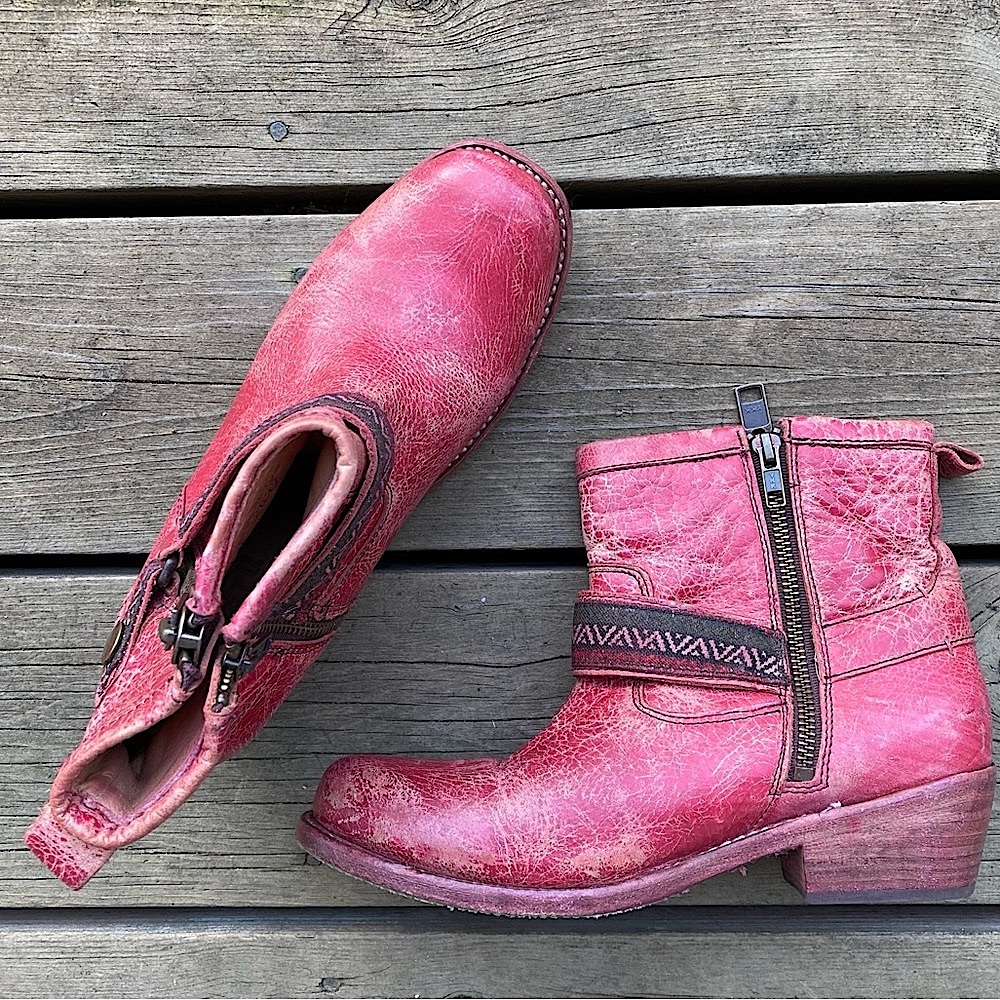 BED STU Boots TRIPLE FLAT Rare RED LUX Leather Black Double Zip Size 8